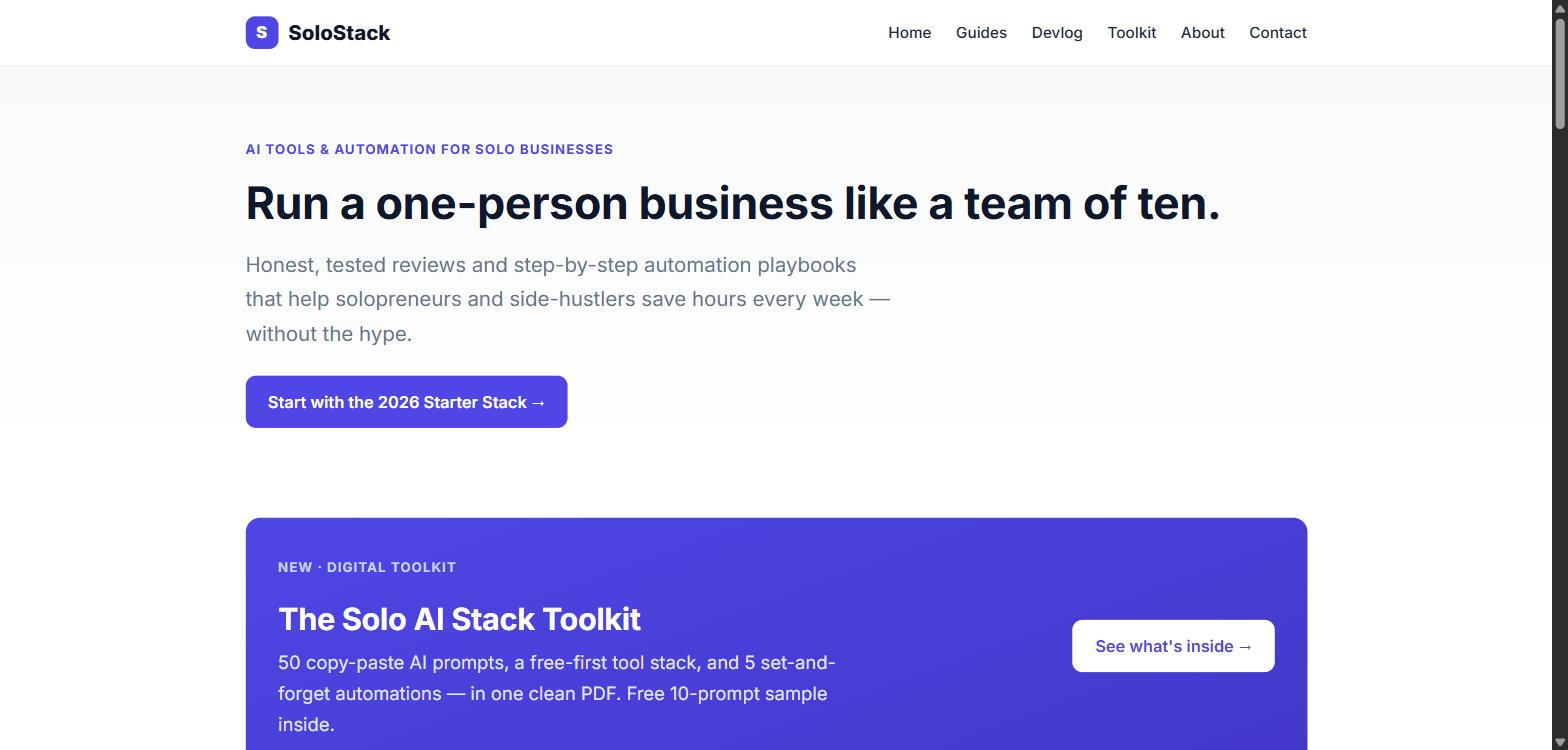 SoloStack live homepage screenshot