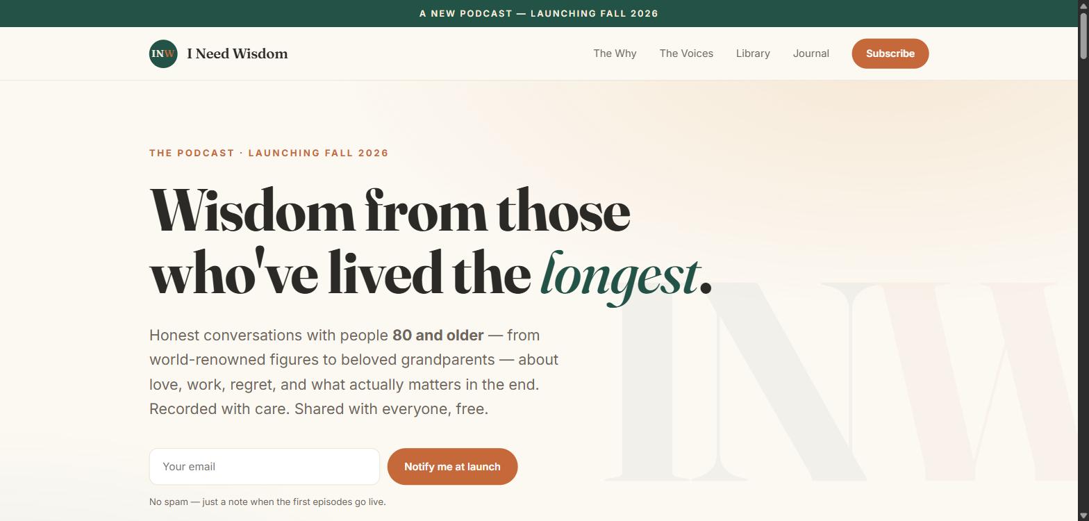 I Need Wisdom live homepage screenshot